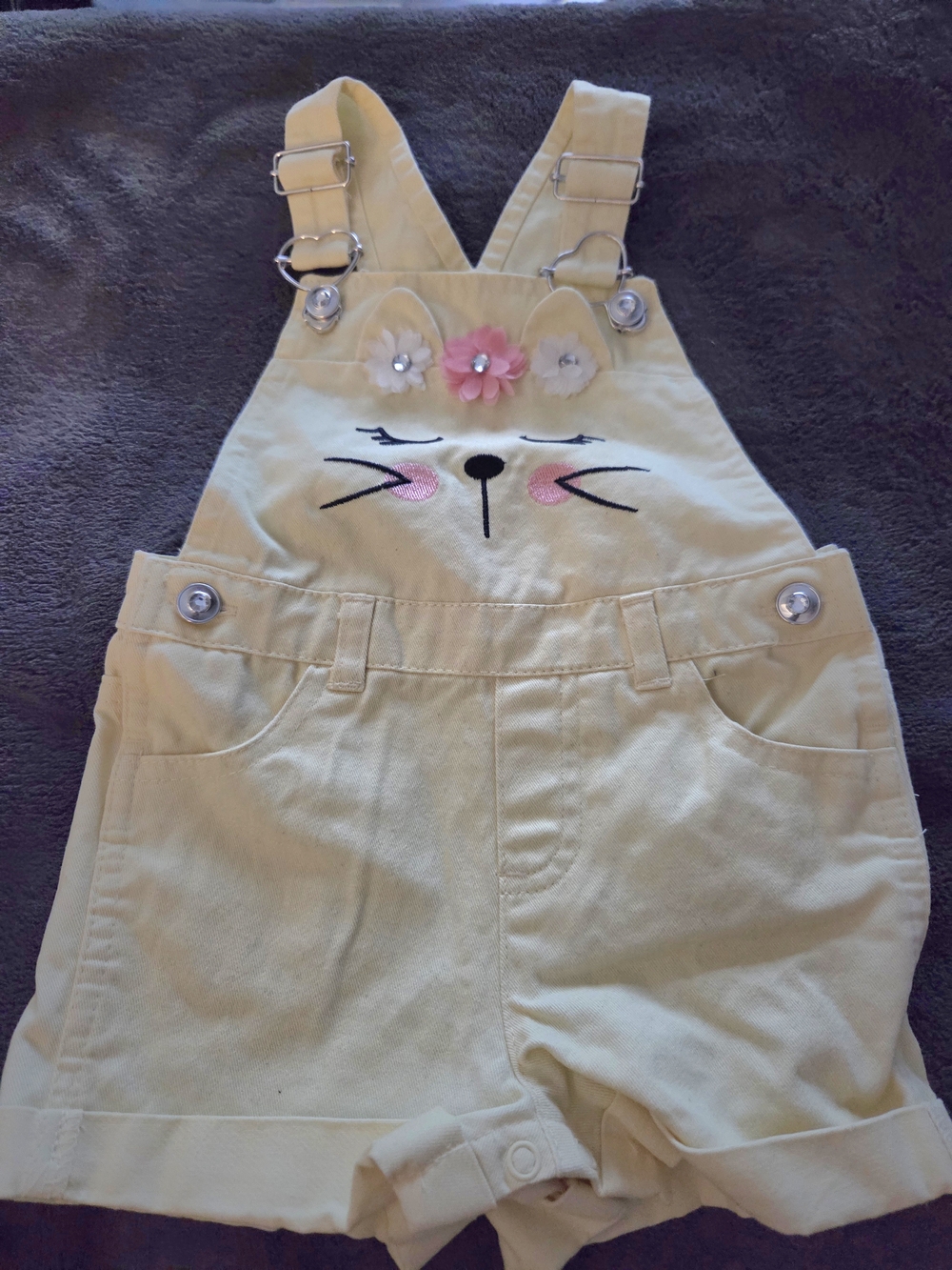 24M Romper with Crystals Yellow Floral Cat Face Girls' Shortalls Crystal Buttons